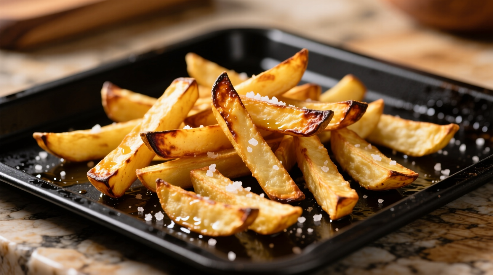 Golden roasted potato fries on baking sheet