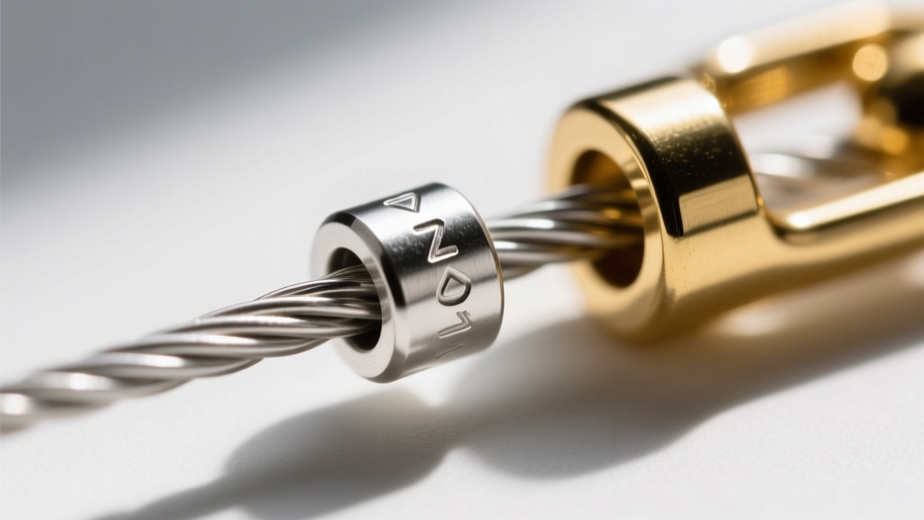 Macro shot of a 2x2mm sterling silver crimp tube compressed onto a 0.018-inch nylon-coated wire near a polished gold clasp.