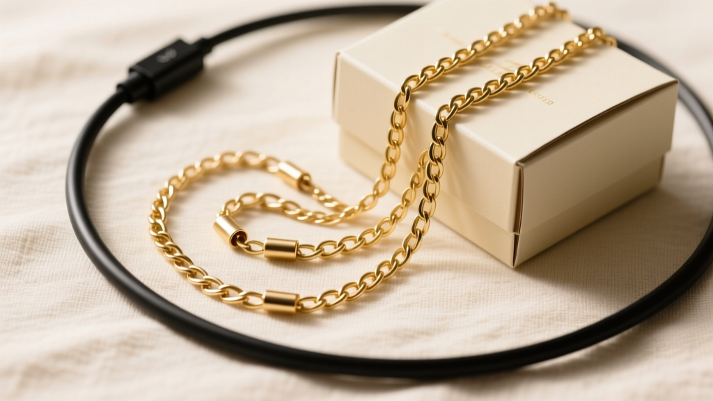Flat lay of cable, box, and rolo gold chains on cream linen, macro photography with soft shadows, top-down view.