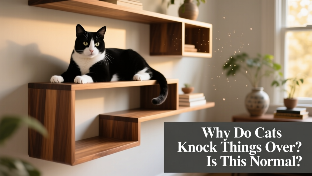 A cat lounging confidently on a multi-level wall-mounted shelf system with built-in resting ledges
