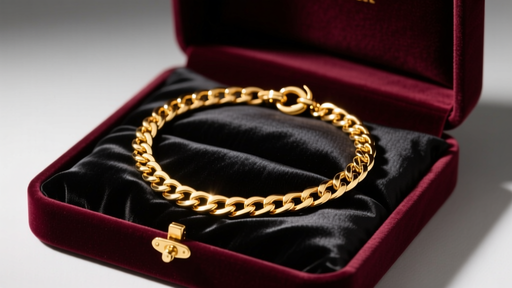 Velvet box revealing a 14k yellow gold 22 inch necklace chain with a lobster clasp, resting under warm directional studio lighting