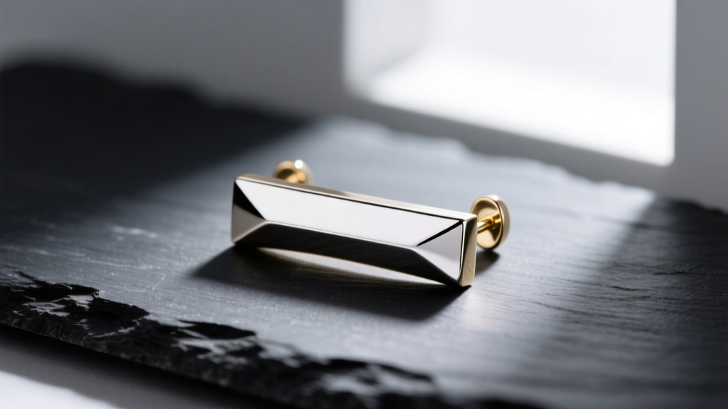 Close-up of a sleek 18k white gold horizontal bar earring resting on dark slate, highlighting its bright rhodium plated finish