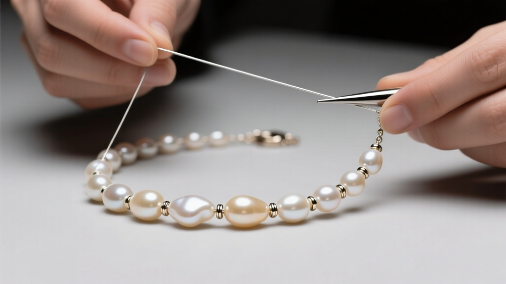 Jeweler restringing a stick pearl necklace with 0.015 inch wire, showing elongated baroque pearls threaded with tiny metal spacers