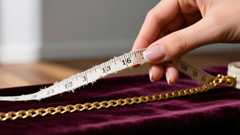Close-up of hands using a soft fabric tape measure to check the length of a delicate 18-inch 14k gold cable chain on velvet