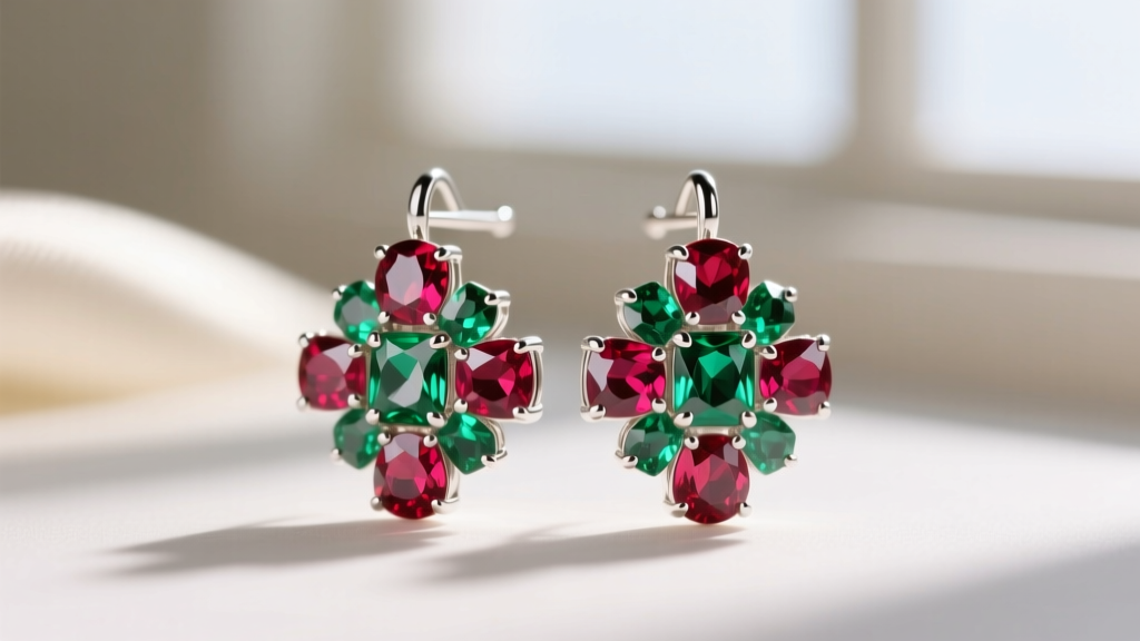 Macro shot of multi colored gemstone earring prongs, contrasting rhodium-plated white gold with vibrant rubies and emeralds.