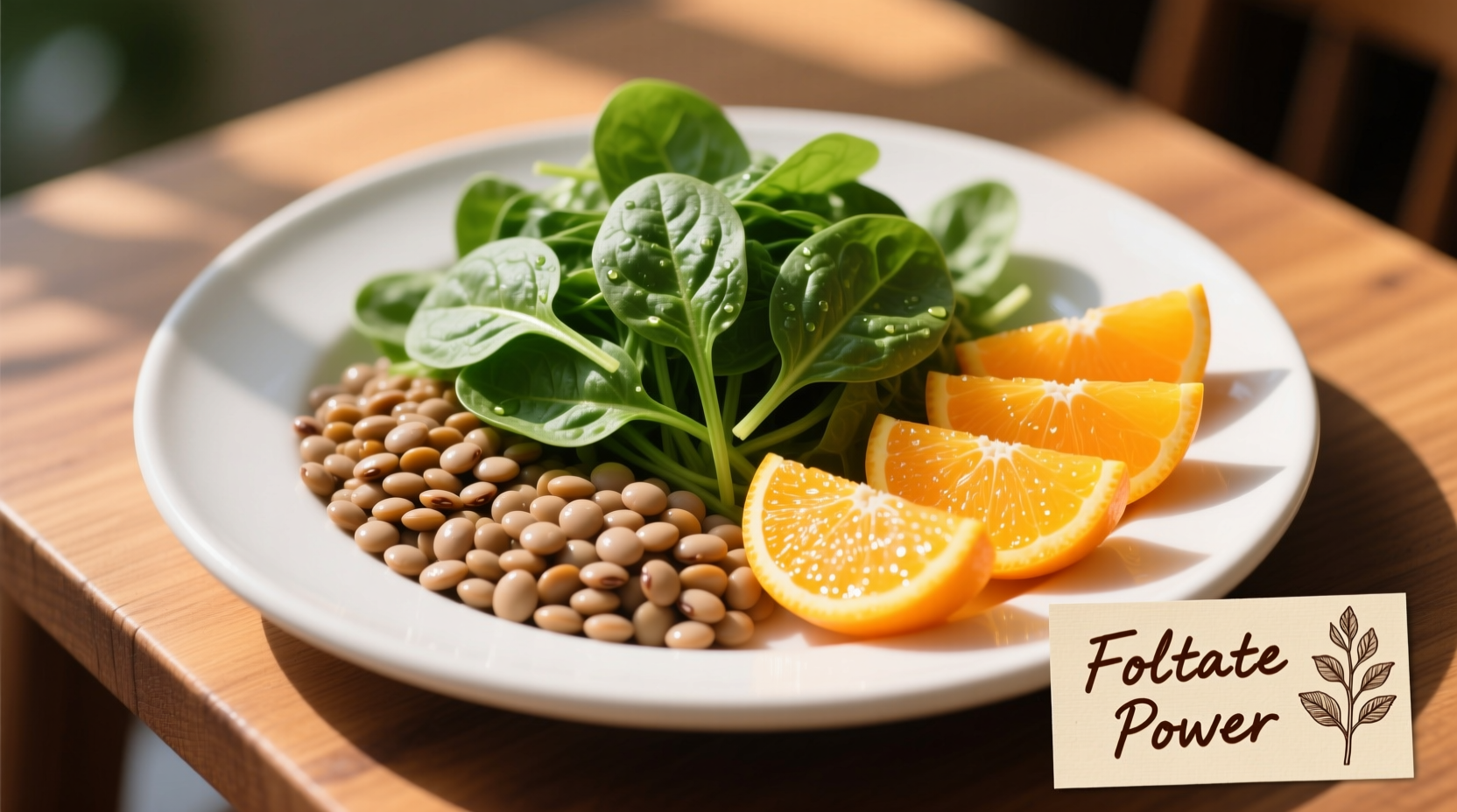 Colorful plate of folate-rich foods including spinach, lentils, and oranges