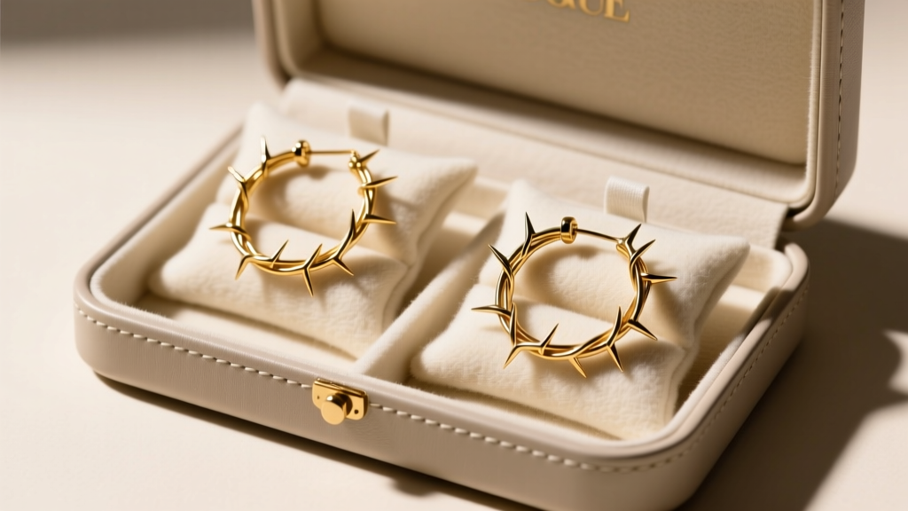 Gold barbed wire hoop earrings stored inside individual soft felt pouches within a hard-shell leather jewelry box to prevent snags
