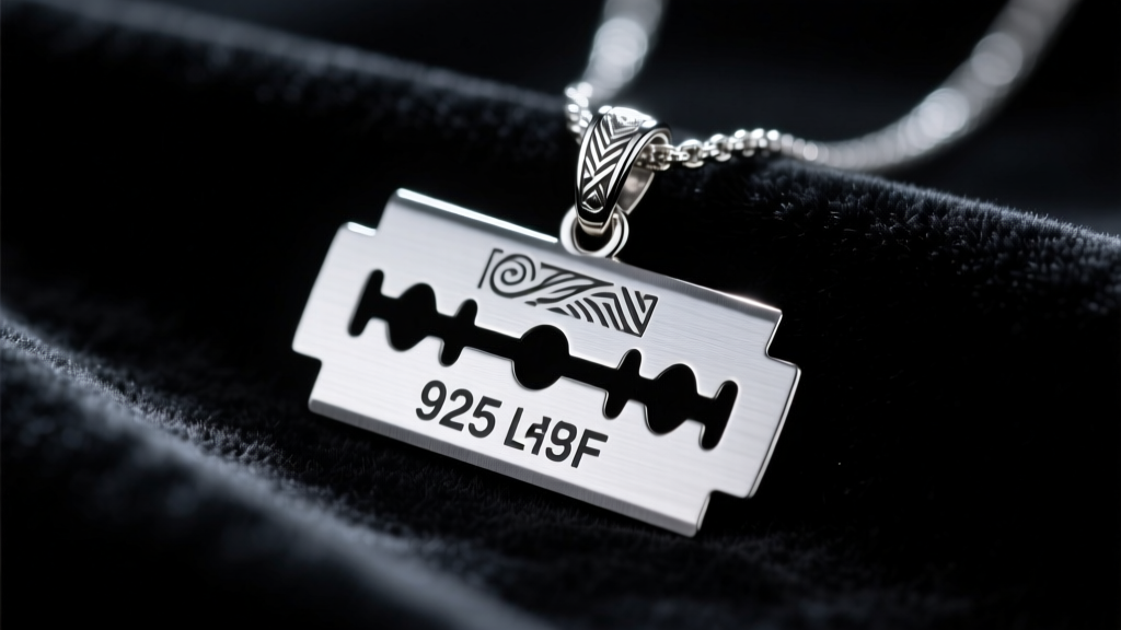 Close-up of a blunt-edged 925 sterling silver razor blade pendant resting on dark velvet, moody grunge-glam lighting.