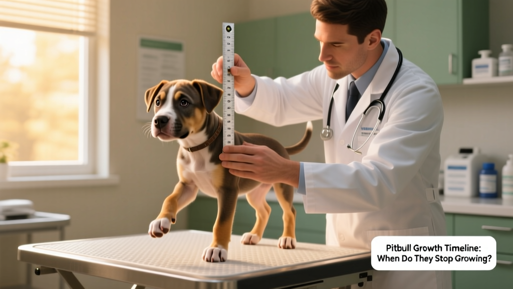 Veterinarian measuring a young Pitbull puppy’s height and checking its body condition score during a wellness exam