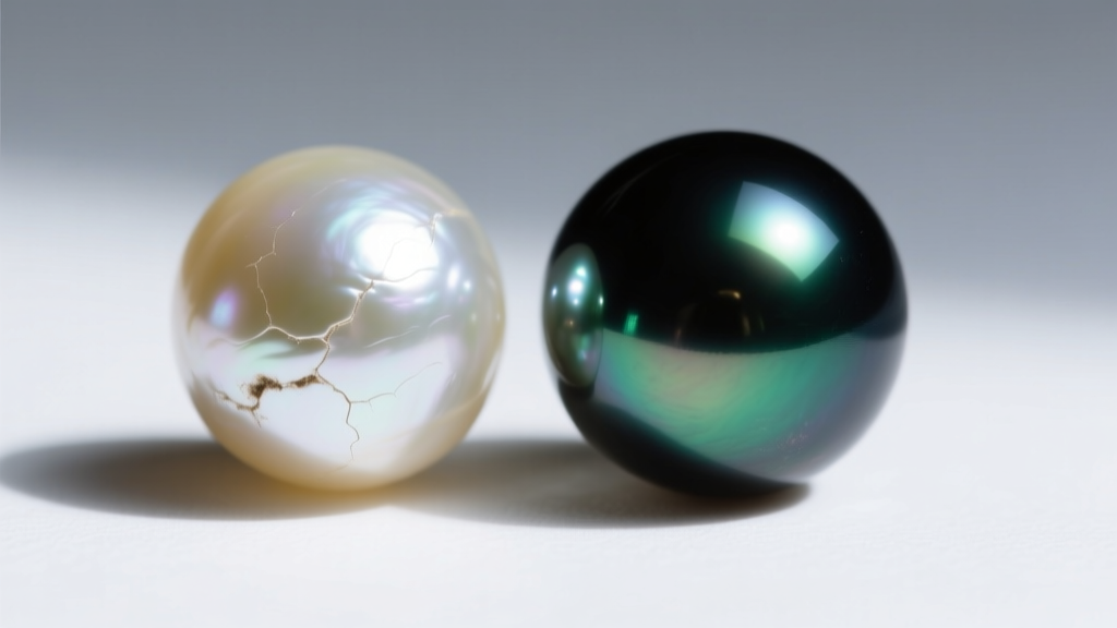 Macro shot comparing a blemished low-luster freshwater pearl next to a flawless, mirror-like round Tahitian black pearl.