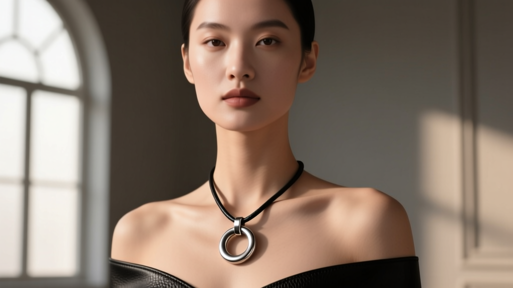 Woman wearing a brushed titanium ring pendant on a black leather cord necklace, illuminated by soft moody natural window light