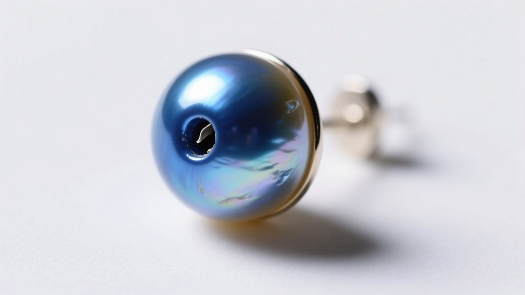 Macro shot of dyed freshwater pearl earring showing concentrated blue dye pooling near the drill hole against a white backdrop.