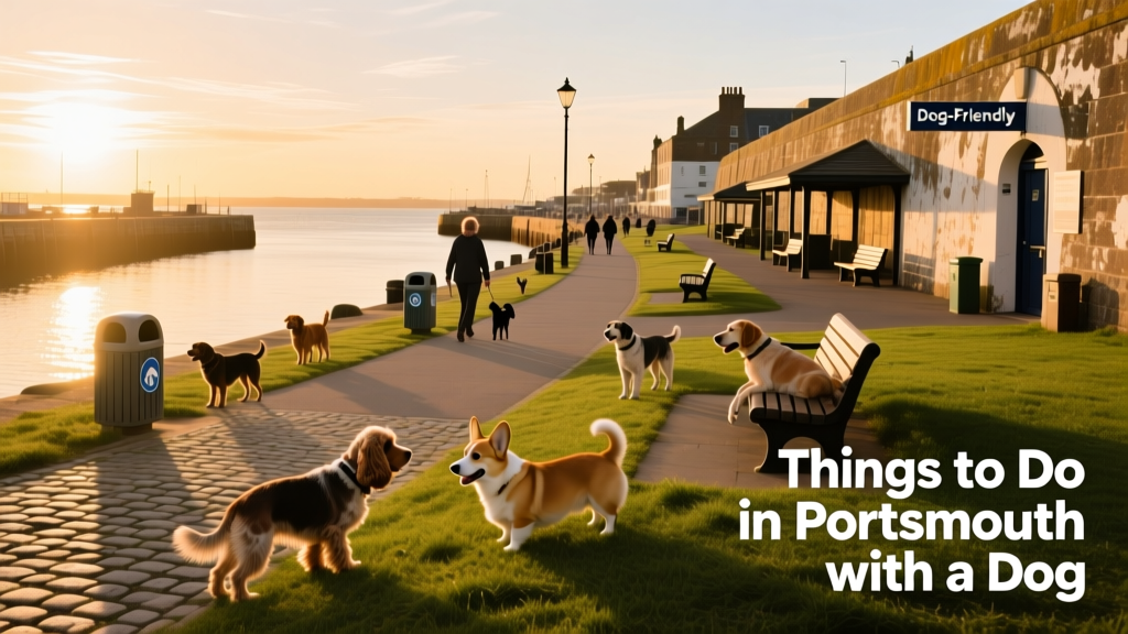 Panoramic view of Portsmouth Harbour with walking paths and dogs enjoying the waterfront