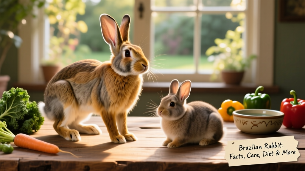 Side-by-side comparison showing a Brazilian rabbit’s sleek, muscular build next to a more compact breed, highlighting its medium size and alert posture