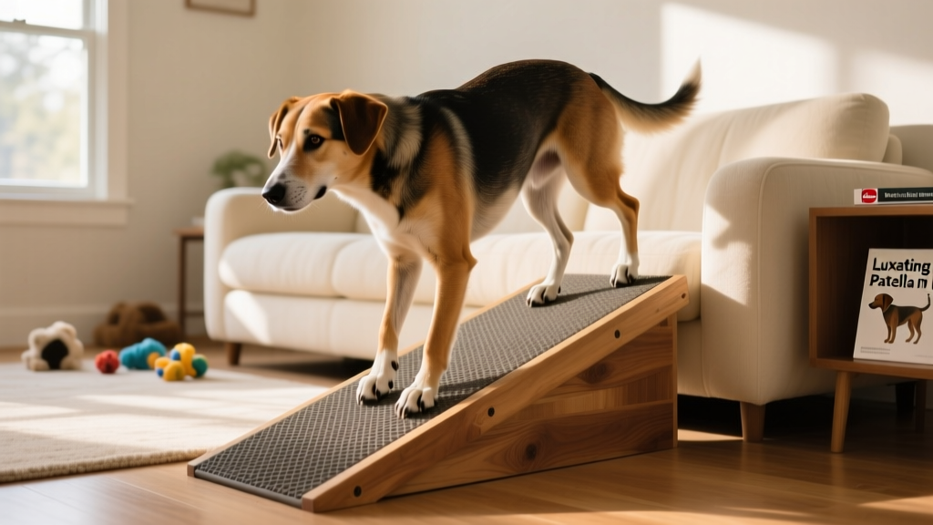 Dog using a sturdy, low-angle ramp to climb onto a sofa, with nonslip matting visible on nearby floor