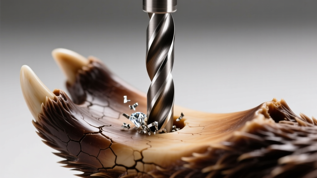 Close-up of a diamond-coated burr bit drilling a pilot hole into a thick keratin replica bear claw for secure jewelry mounting.