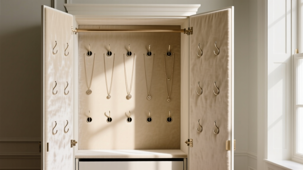 Open over door armoire showing a cream anti-tarnish velvet interior with dedicated ring slots and multiple long necklace hooks
