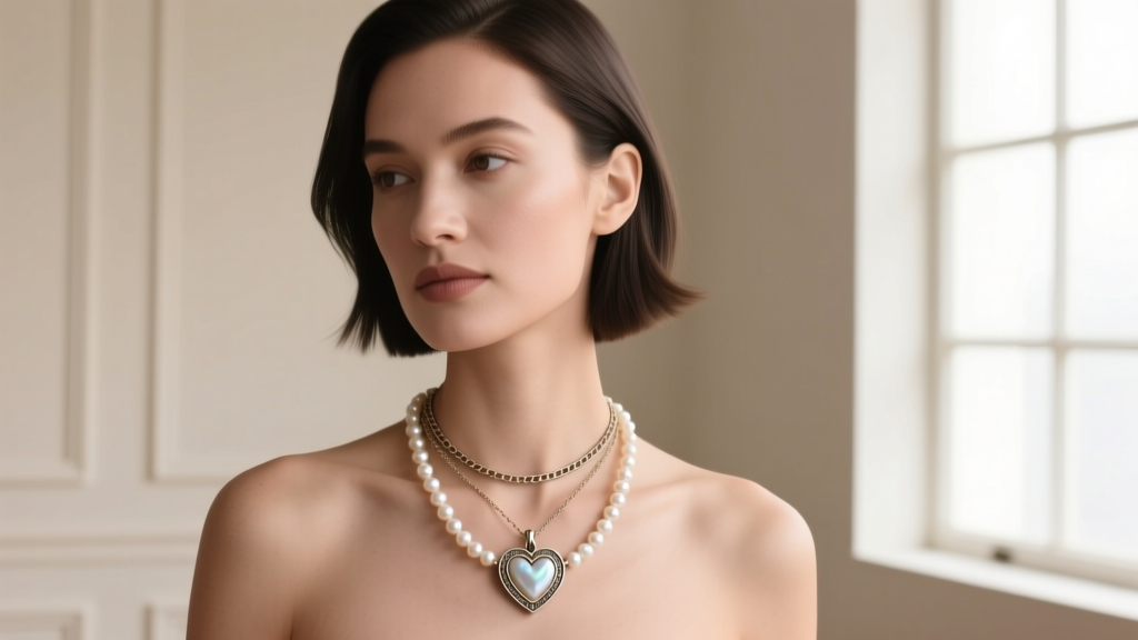 Woman wearing a layered stack with a vintage James Avery double heart on a box chain, paired with a simple freshwater pearl strand