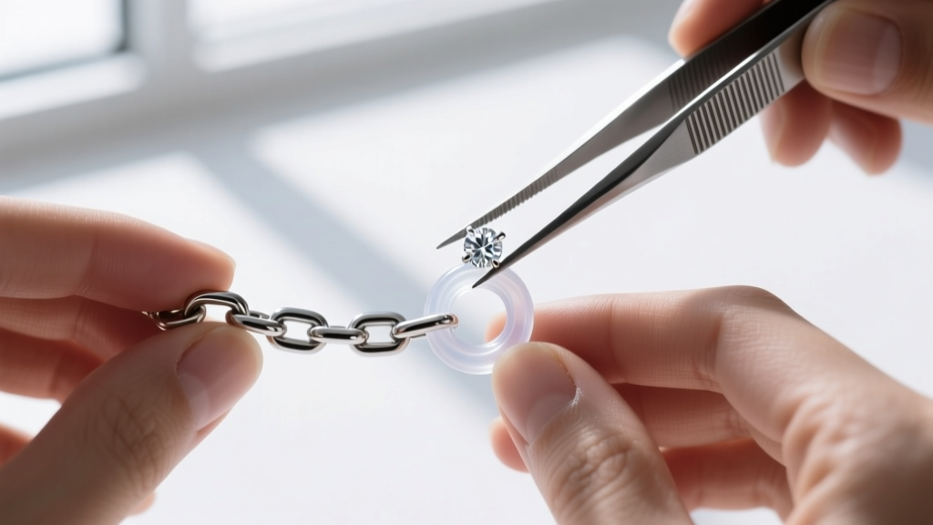 Jewelry tweezers placing a small clear silicone O-ring buffer onto a thick stainless steel chain before adding a diamond ring.