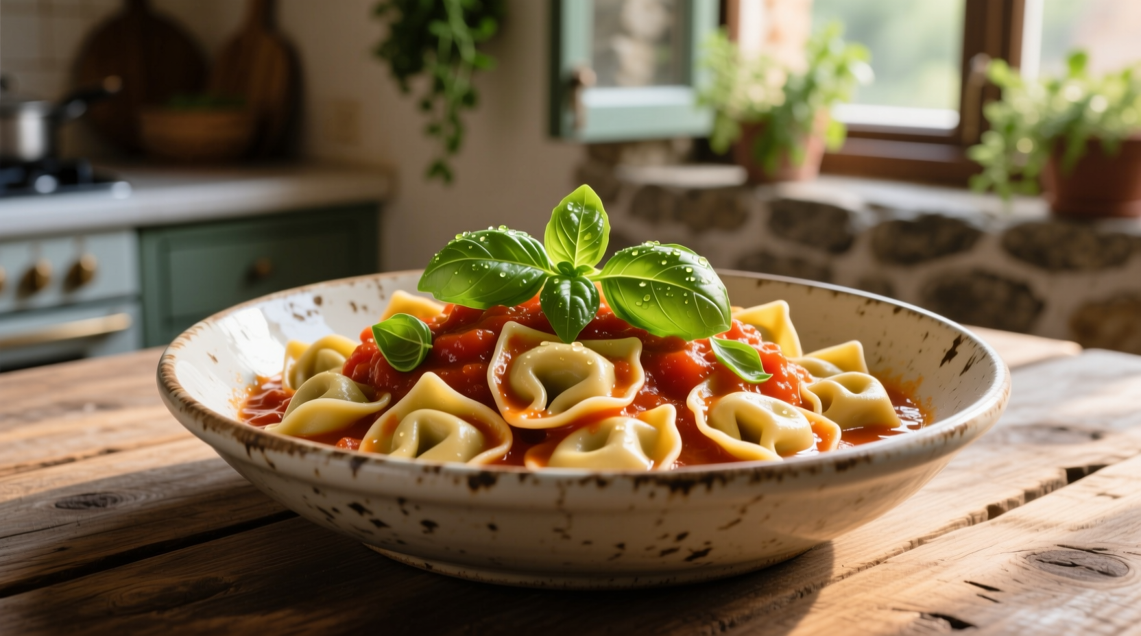 Tortellini in tomato sauce with basil garnish