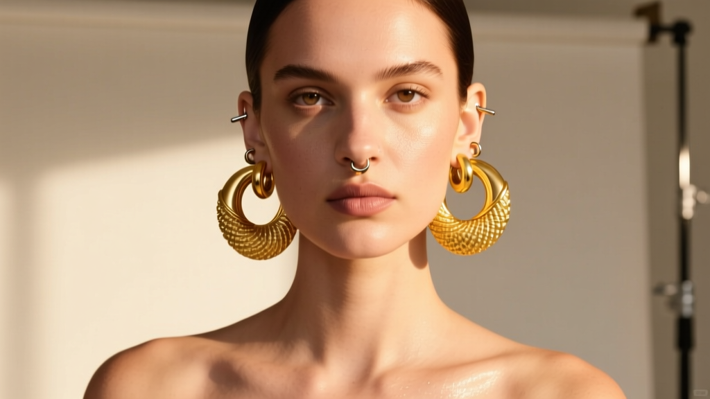 A model wearing layered cartilage piercings with chunky 18k yellow gold ear cuffs and textured gold huggies in natural sunlight.