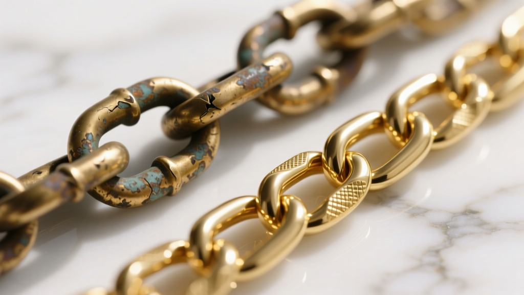 Macro photo comparing a tarnished brass chain link to a bright 14k gold-filled chain link side-by-side on a white marble surface.