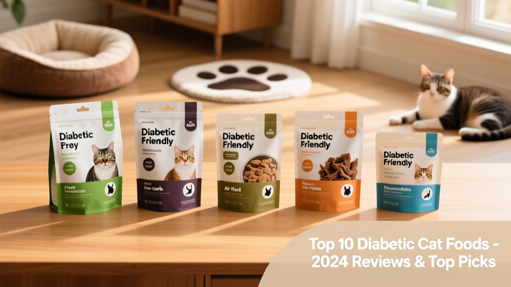 Side-by-side comparison of five diabetic-friendly cat food packages: fresh, dry, wet, air-dried, and prescription formulas