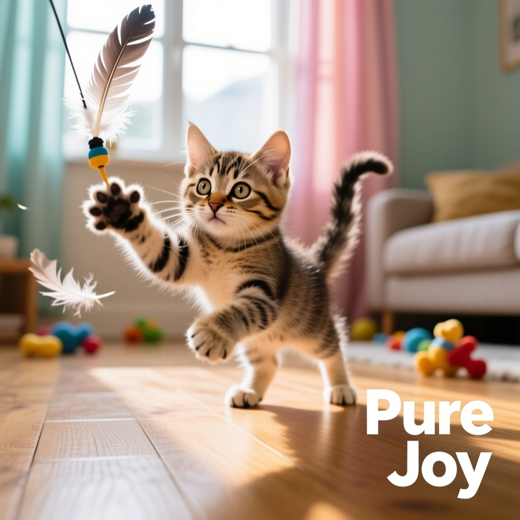 A playful kitten batting at a feather toy