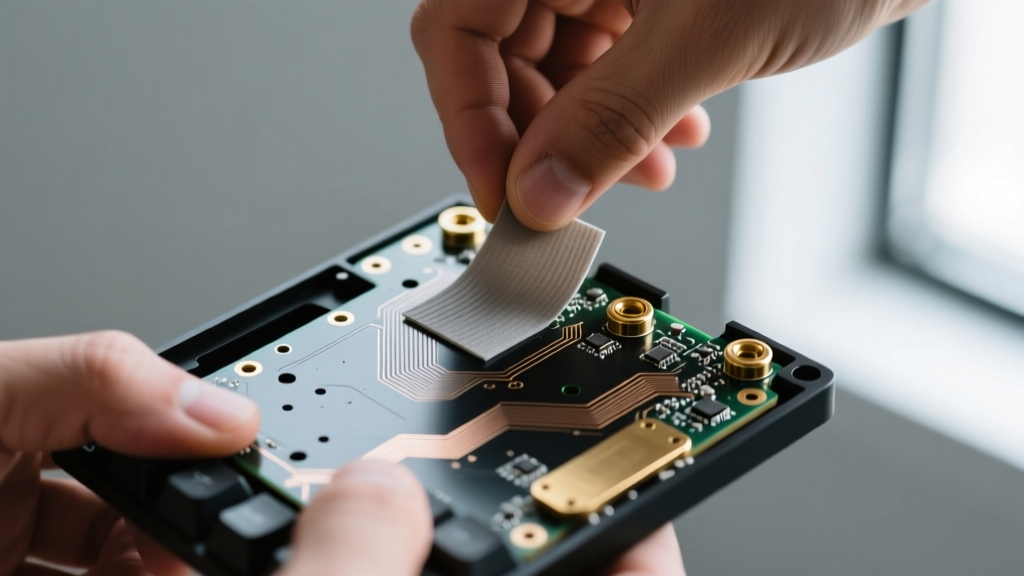 Hands applying automotive sound deadening tape to the back of a bare FR4 mechanical keyboard PCB before installing a brass switch plate.