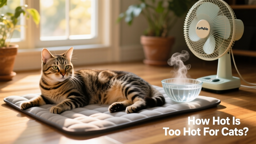 A cat lying comfortably on a FurPetVo cooling mat beside a bowl of fresh water and a nearby fan