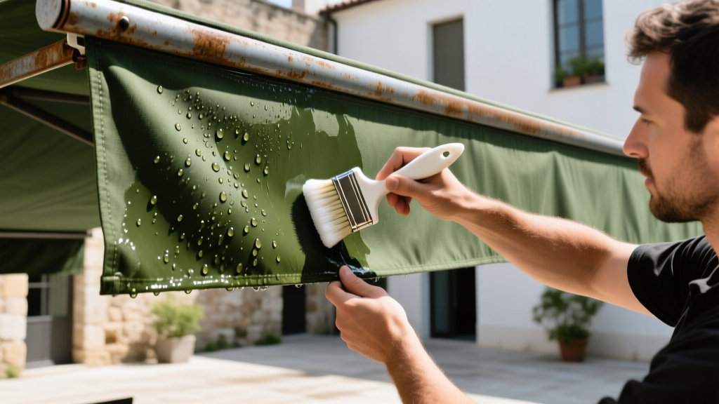 Technician applying liquid DWR waterproofing treatment to heavy-duty olive green canvas awning with a foam brush outdoors