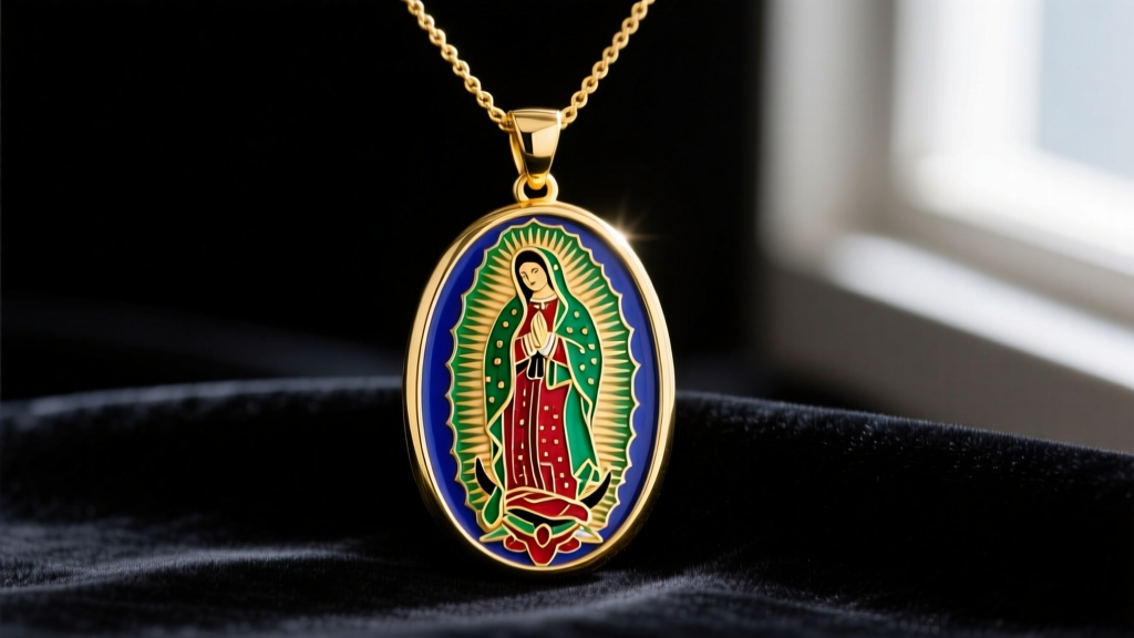 Close-up of an 18k yellow gold Guadalupe necklace pendant with vibrant champlevé enamel, resting on dark velvet