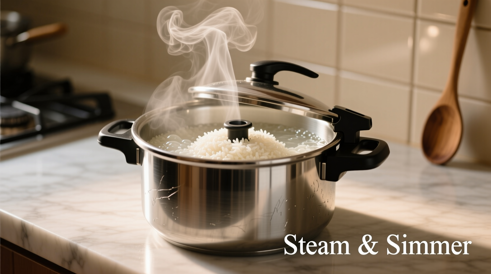 Pressure cooker with steaming rice inside