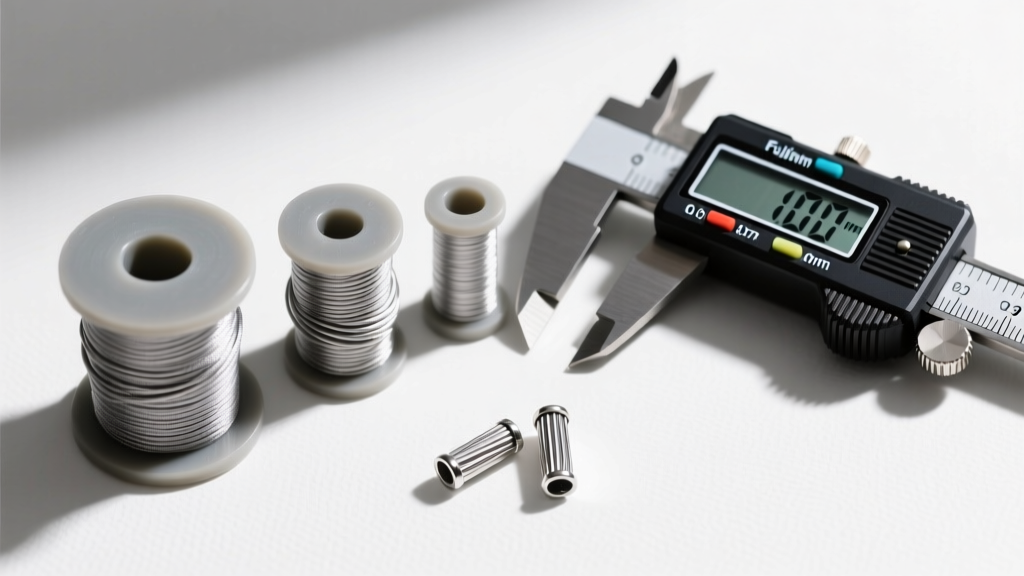 Top view of three elastic cord spools in 0.5mm, 0.7mm, and 1.0mm sizes, next to a digital caliper and silver crimp bead covers.