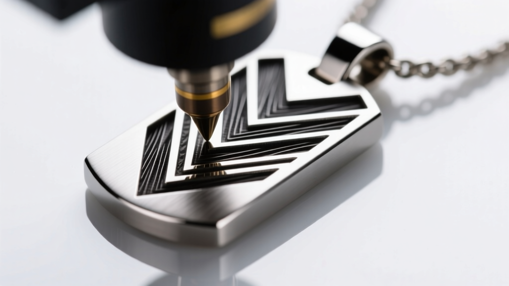 High-contrast view of a fiber laser engraving fearless into a matte titanium pendant, revealing deep grooves and crisp edges.