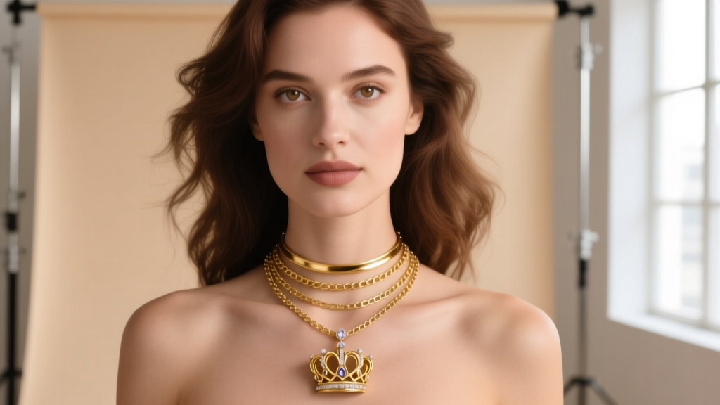 Elegant woman wearing a layered 16-inch gold choker and 18-inch princess pendant necklace against a soft beige studio background