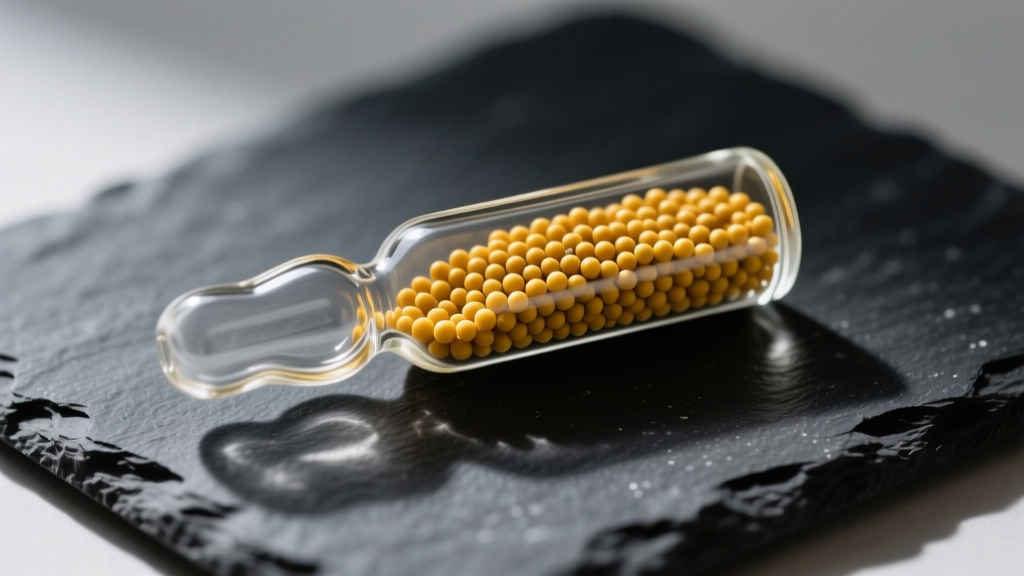 Macro photo of a glass cross vial with yellow mustard seeds on a dark slate cleaning mat under soft directional lighting