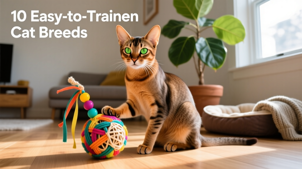 A relaxed Abyssinian cat sitting attentively beside a colorful toy, looking engaged and curious
