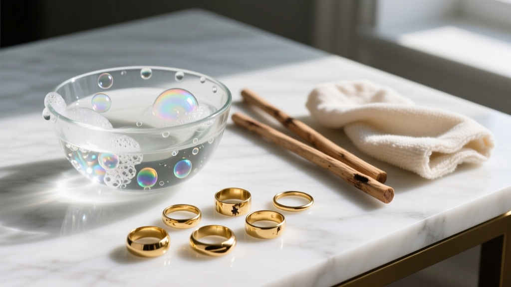 Glass bowl of soapy water, wooden sticks, and microfiber cloth arranged on a marble desk beside cheap gold-plated fashion rings.