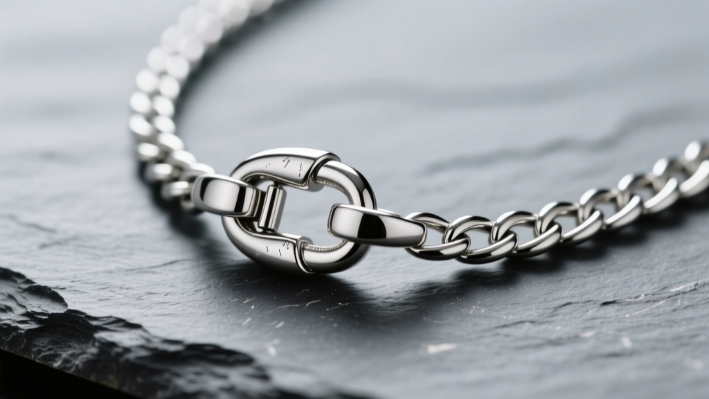 Macro view of a 316L hypoallergenic stainless steel necklace on slate, showing the polished lobster clasp and smooth chain links