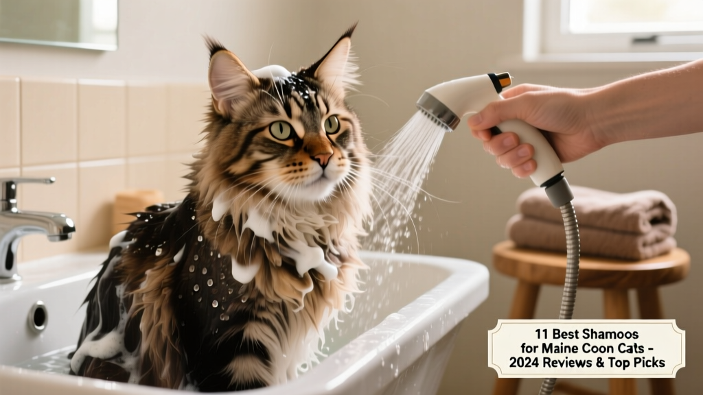 Maine Coon mid-bath with lathered fur, being gently rinsed under a low-pressure handheld sprayer
