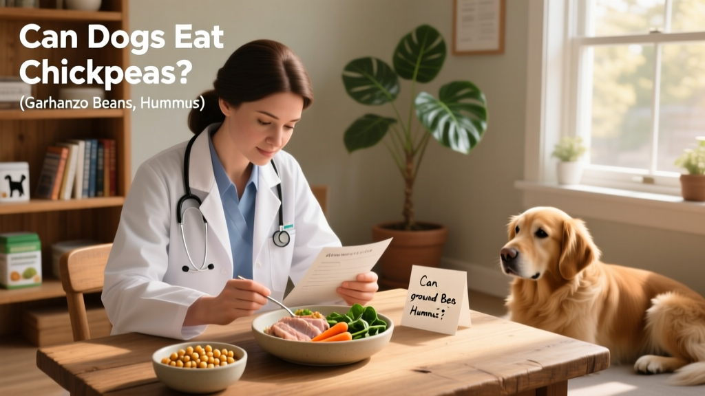 A veterinarian reviewing a dog's meal plan that includes a small portion of cooked chickpeas alongside lean meat and vegetables