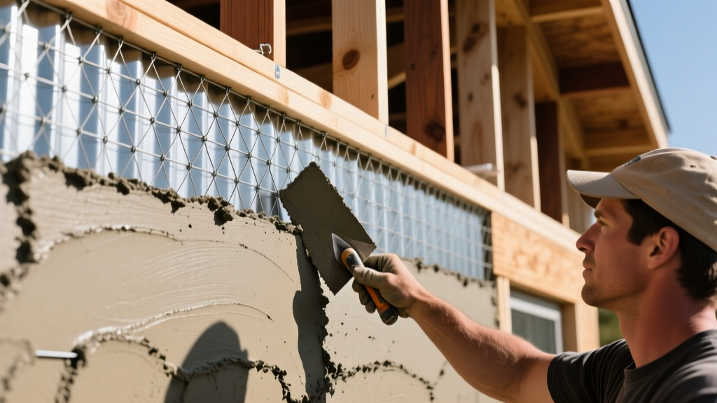 Mason troweling Type S mortar scratch coat over galvanized wire lath and weather-resistive barrier on exterior wood-framed wall