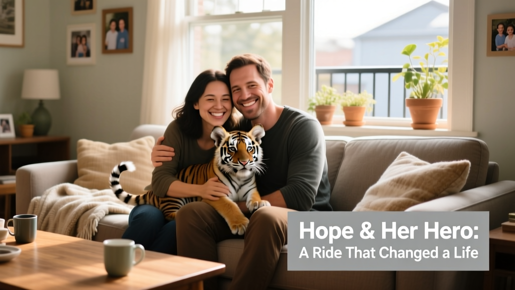 Hope and her husband sitting on their couch with Tiger nestled between them, all smiling at the camera