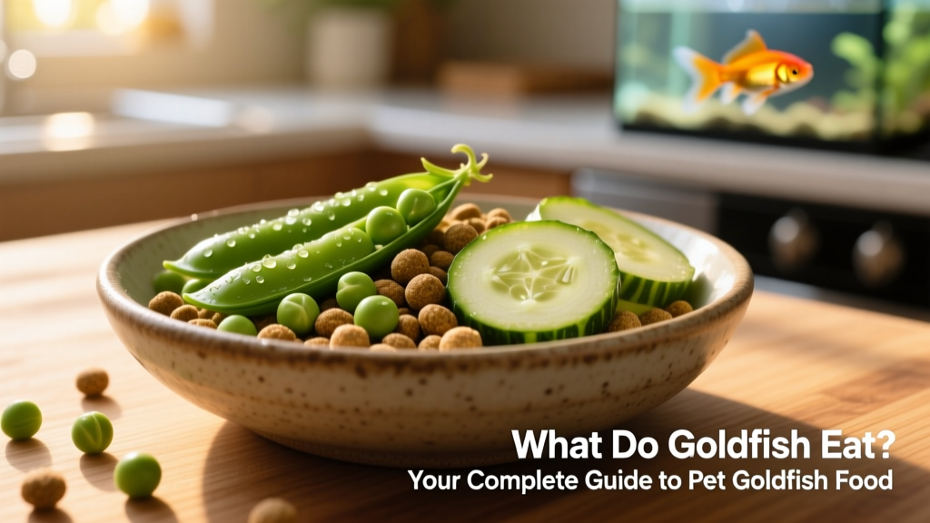 A bowl of prepared goldfish foods: blanched peas, zucchini slices, and FurPetVo sinking pellets