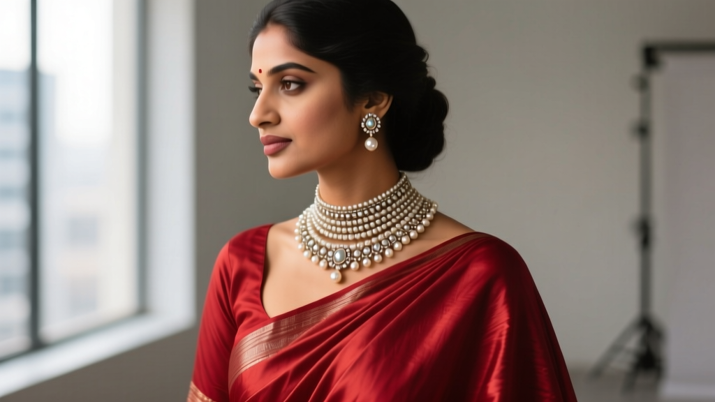 Modern bride wearing a layered Polki and Basra pearl choker necklace paired with a deep red silk saree, photographed in profile.