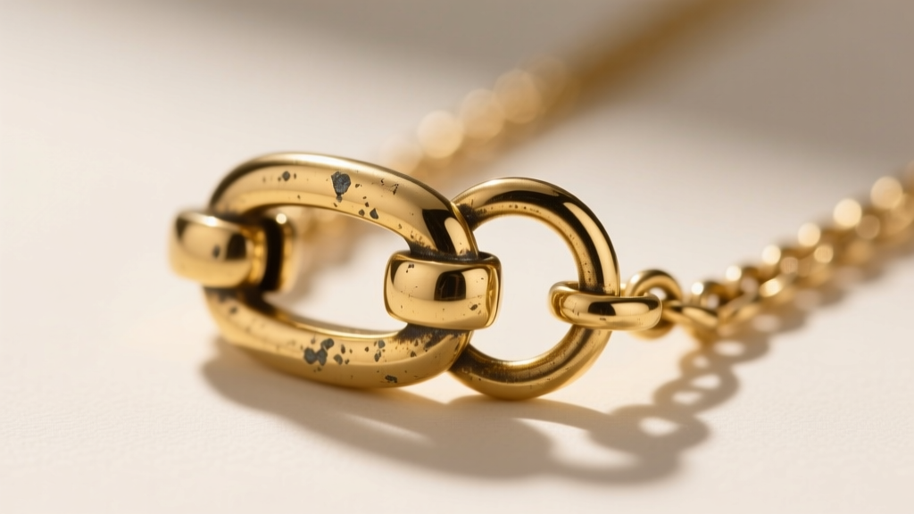 Macro photo of a gold-plated brass necklace clasp showing minor tarnish on the jump ring, revealing typical fashion jewelry wear.