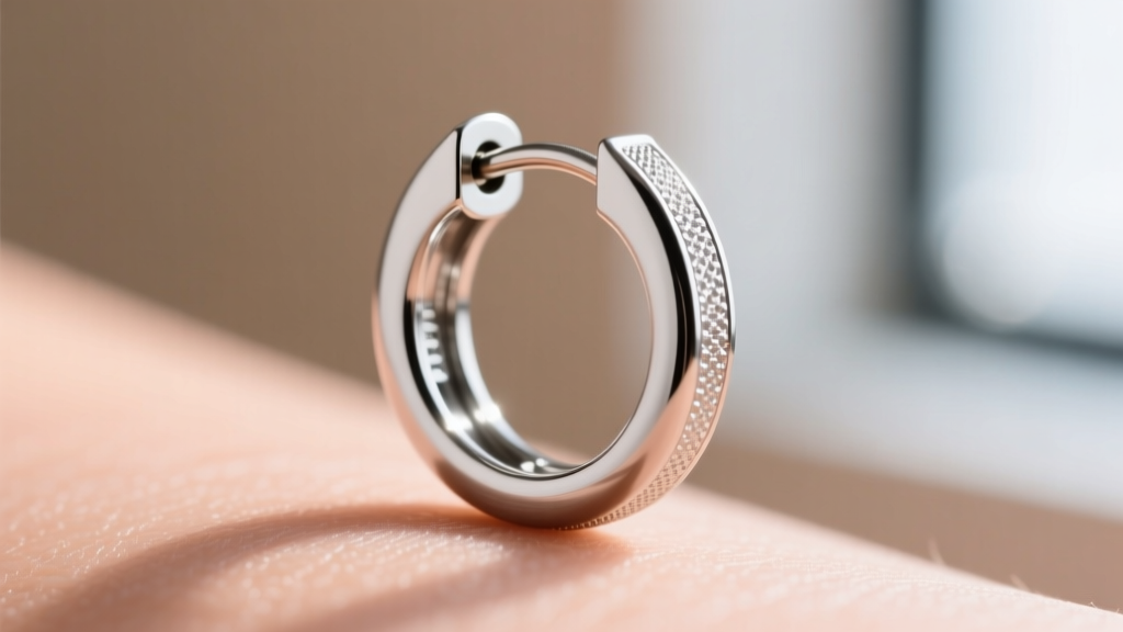 Macro shot of 20mm titanium clicker hoop hinge showing seamless closure and 16-gauge thickness against a blurred skin backdrop