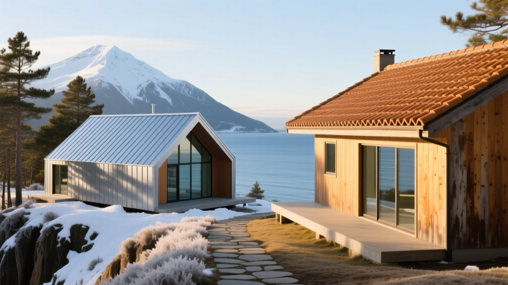 Architectural render of a snowy cabin with standing seam metal roofing beside a sunny coastal home with terracotta clay tile roofing