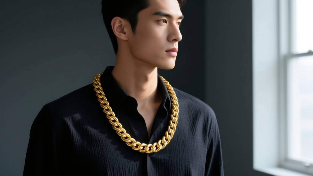 Model wearing a 4mm solid gold rope chain, showing chest placement and the drape of twisted links against a dark cotton shirt.